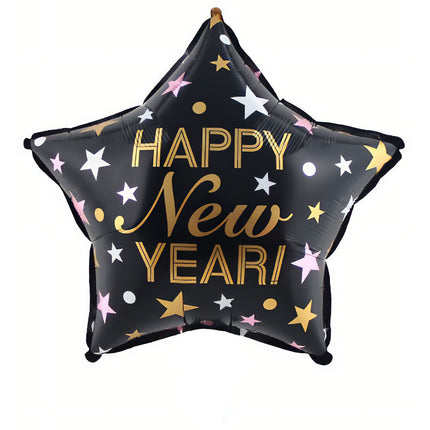 Folieballon ster Happy New Year in zwart met gouden opschrift en sterretjes voor oud en nieuw