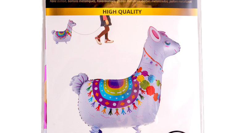 Folieballon wandelende alpaca van 78 x 69,4 cm met kleurrijk dekje, in verpakking van Funny Fashion