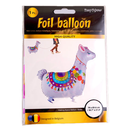 Folieballon wandelende alpaca van 78 x 69,4 cm met kleurrijk dekje, in verpakking van Funny Fashion