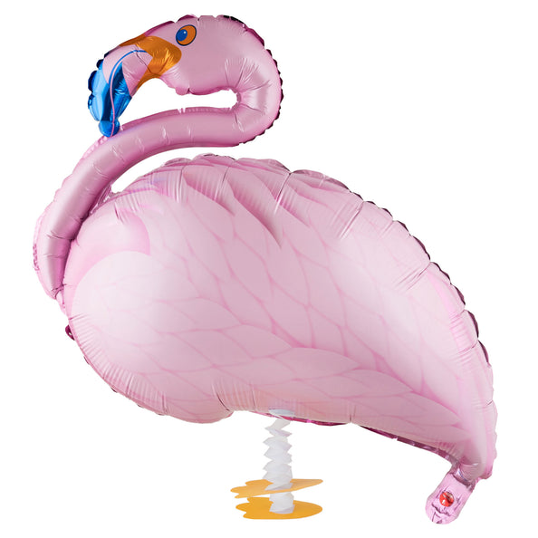 Folieballon wandelende flamingo in roze folie met oranje snavel, blauwe veerpluim en geel voetje