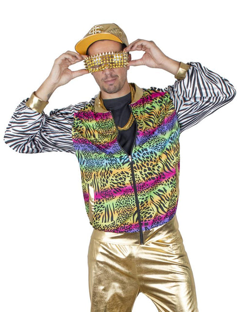 Fout disco jasje Urban vooraanzicht met regenboogkleurige dierenprint en gouden boord