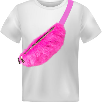 Fuchsia pluche heuptasje schuin over de schouder gedragen op een wit shirt, als festivalaccessoire
