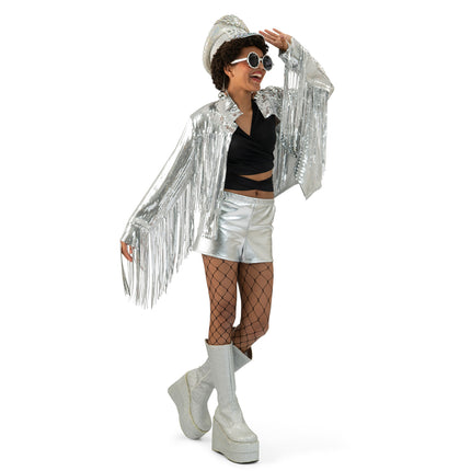 Funny Fashion Zilveren festival jas dames met franjes