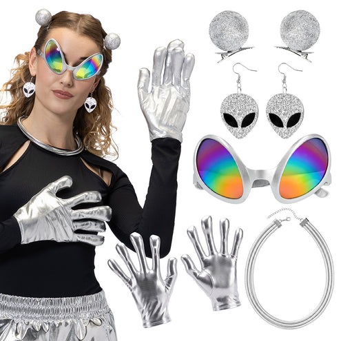 Galactic alien verkleedset in zilver: regenboogbril, glitterclips, alien-oorhangers, ketting en vingerhandschoenen