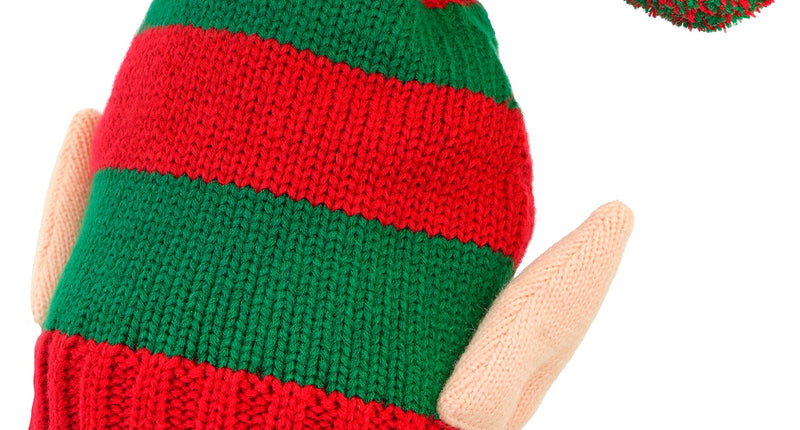 Gebreide elfenmuts kersthulpje rood-groen gestreept met pompon en puntoren