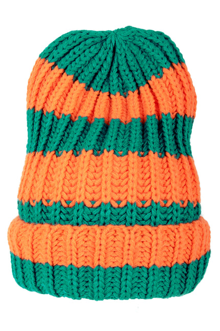 Gebreide wintermuts Tilburg Kruikenstad met oranje en groene banen en brede omslagrand voor carnaval