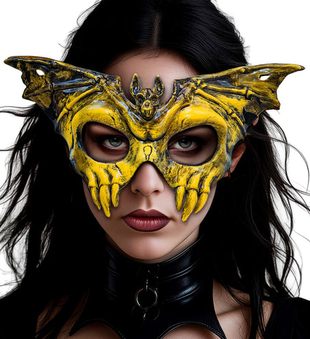 Geel vleermuisschedelmasker op gezicht van vrouw met vleugels langs de slapen en tanden op de wangen