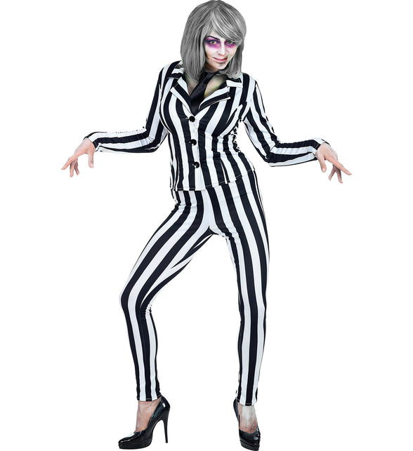 Geest kostuum Jade dames met zwart-wit gestreepte jas, smalle broek en zwarte das voor Halloween
