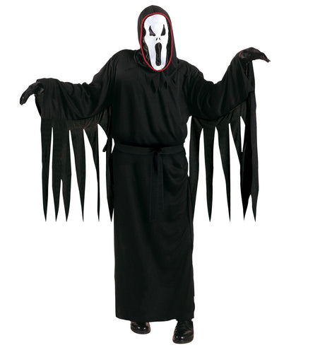 Geest kostuum Screaming kinderen: zwart lang gewaad met gerafelde mouwen en wit spookmasker voor Halloween