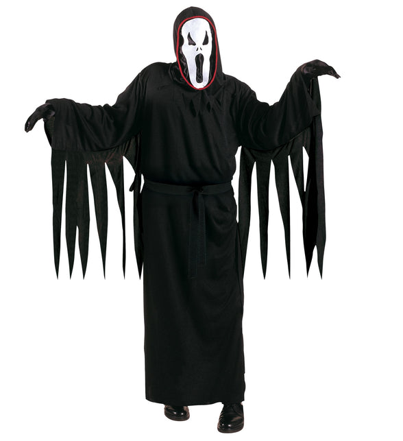 Geest kostuum Screaming kinderen: zwart lang gewaad met gerafelde mouwen en wit spookmasker voor Halloween
