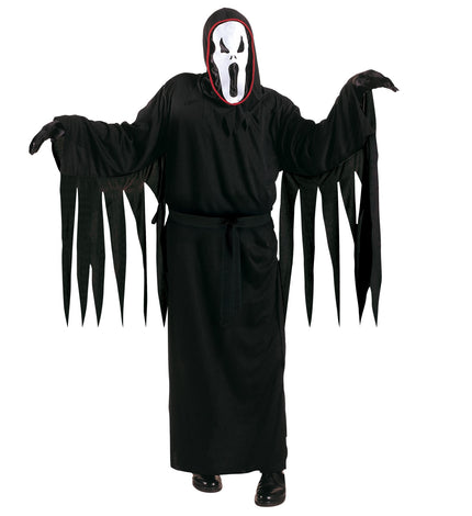 Geest kostuum Screaming kinderen: zwart lang gewaad met gerafelde mouwen en wit spookmasker voor Halloween