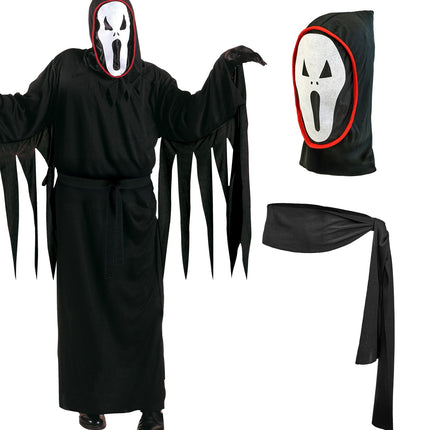 Geest kostuum Screaming met los zicht op de kap met wit masker met rode bies en de zwarte stoffen riem