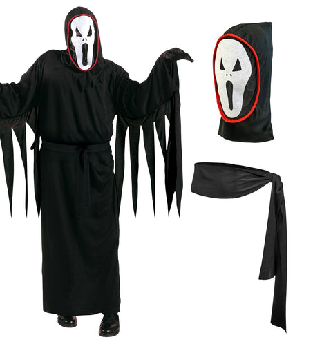 Geest kostuum Screaming met los zicht op de kap met wit masker met rode bies en de zwarte stoffen riem