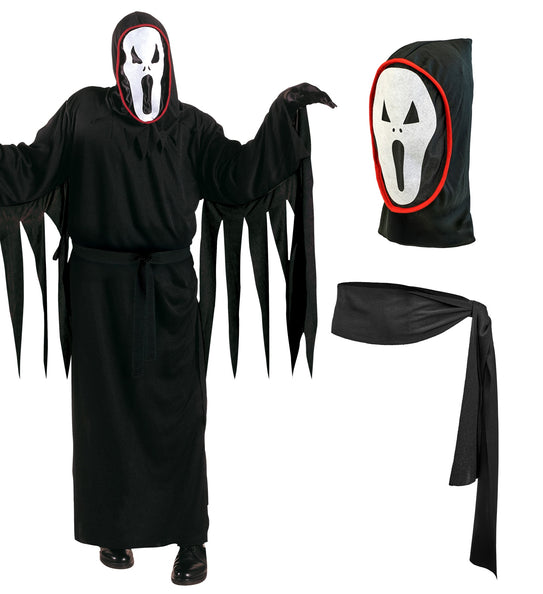 Geest kostuum Screaming met los zicht op de kap met wit masker met rode bies en de zwarte stoffen riem
