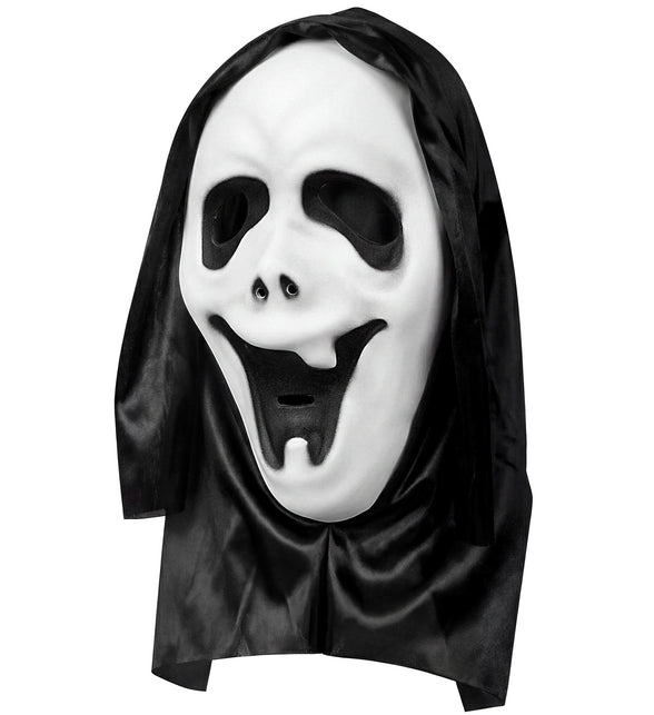Geestmasker met kap, wit spookgezicht met zwarte kap en open mond, voor Halloween