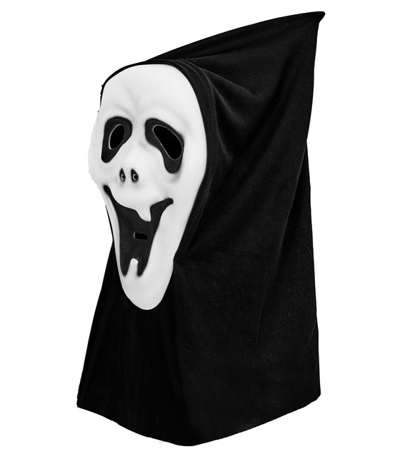 Geestmasker met kap van de zijkant, zwart gearceerde oogholtes en langgerekte mond