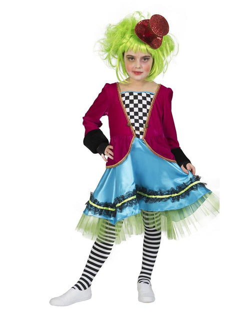 Gek Mad Hatter pak meisje vooraanzicht: roze jas met schaakbordpand en blauwe jurk met kant