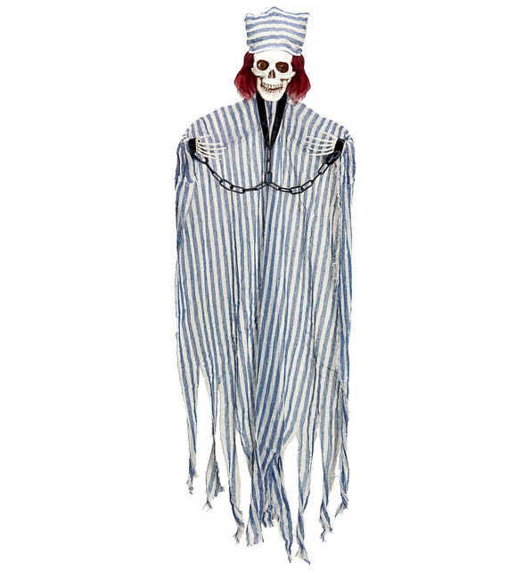 Geketende gevangene decoratie 120cm in blauw-wit gestreept pak met zwarte ketting en skeletkop