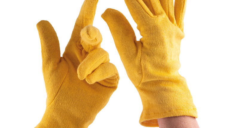 Gele handschoenen van katoen, gedragen paar met geribde boord aan de pols, voor carnaval