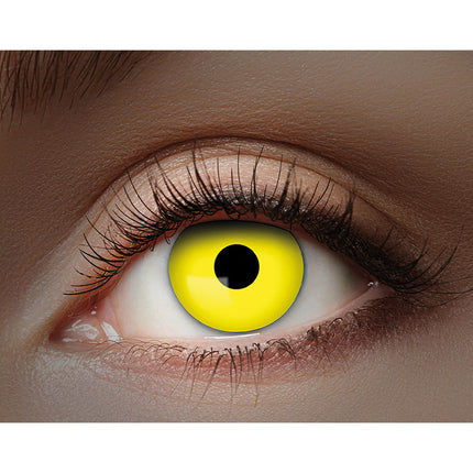 Gele UV Burst contactlens in close-up, iris volledig geel met zwarte pupil
