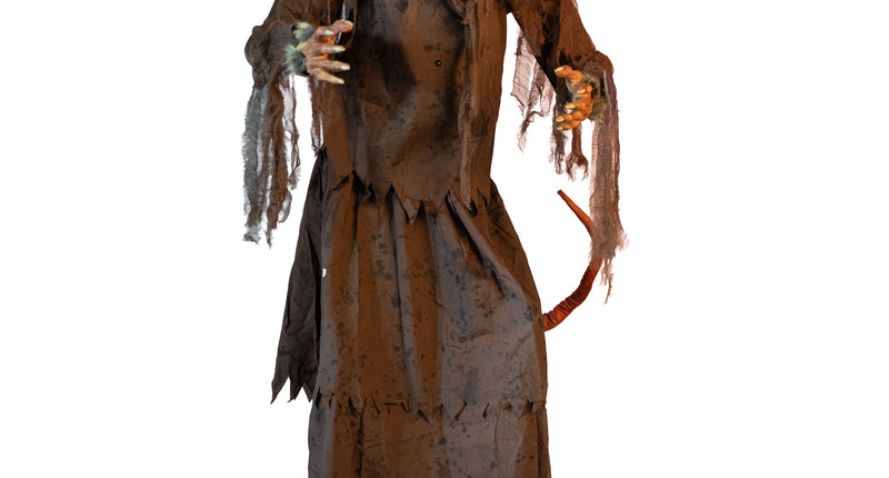 Gemuteerde dode rat animatronic van 155 cm met bruin gerafeld gewaad en klauwen, halloweendecoratie
