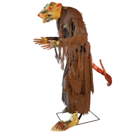 Gemuteerde rat animatronic van opzij met lange kale staart en uitgestrekte klauwen
