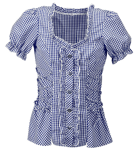 Geruite blouse Katja van dichtbij: fijn ruitdessin, ruches en hartvormige knopen