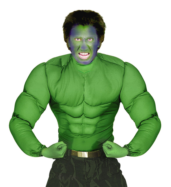 Gespierd shirt groen Hulk spierballen op model met groen geschminkt gezicht, voor Halloween
