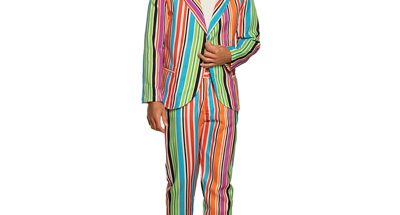 Gestreept herenkostuum Mr Groovy met kleurrijke verticale strepen op jasje en broek voor een discofeest