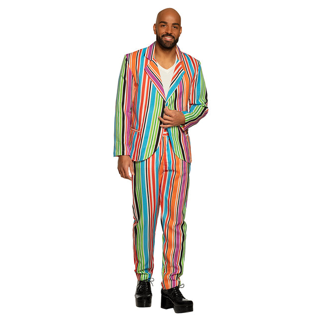Gestreept herenkostuum Mr Groovy met kleurrijke verticale strepen op jasje en broek voor een discofeest