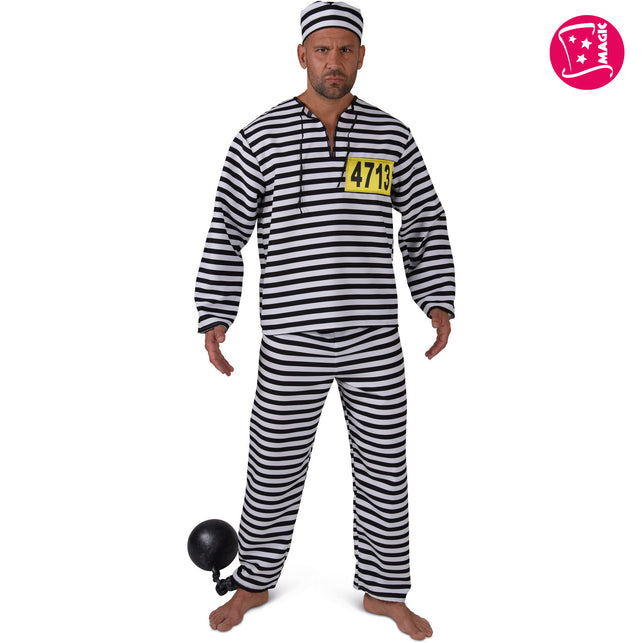 Gevangenispak heren met zwart-wit gestreept shirt, broek en platte hoed en geel nummerlabel 4713