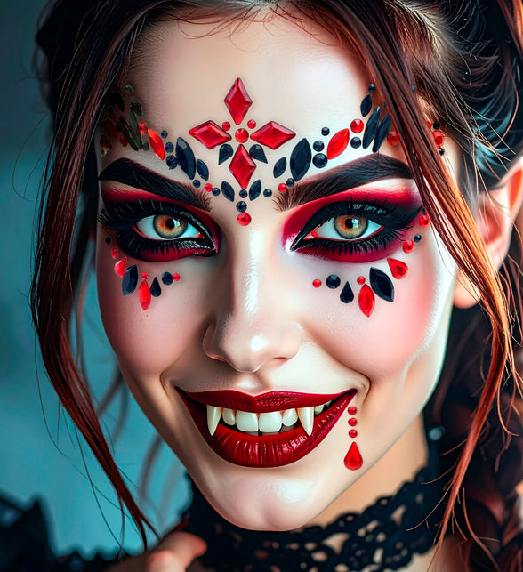 Gezichtsdecoratie vampier Noah gedragen bij vampierlook met rode lippen voor Halloween