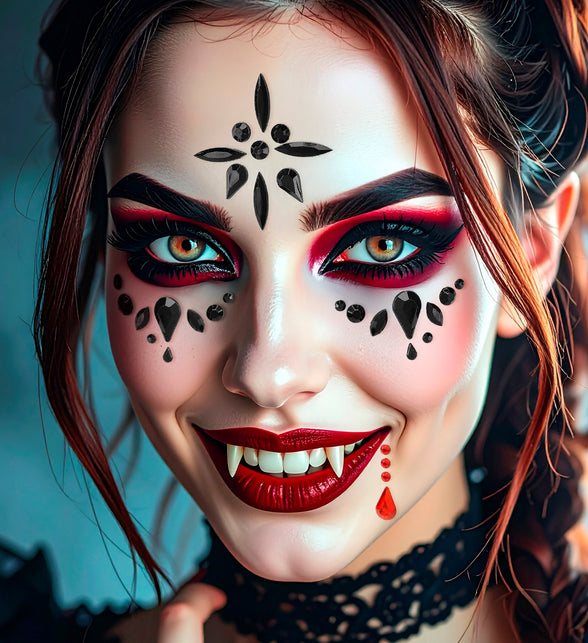 Gezichtsdecoratie vampier Nora op model met bleke huid en rode lippen voor Halloween