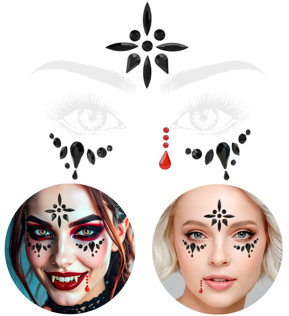 Gezichtsdecoratie vampier Nora: plaatsingsschema van de steentjes met twee voorbeeldlooks