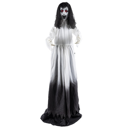 Ghost widow pop-up van voren met wit gezicht, rode ogen en uitgestoken handen