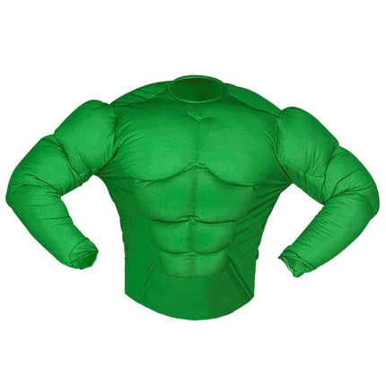 Gifgroen spierenshirt met opgevulde borst-, buik- en armspieren en lange mouwen