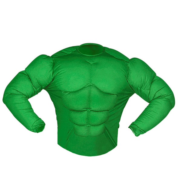 Gifgroen spierenshirt met opgevulde borst-, buik- en armspieren en lange mouwen