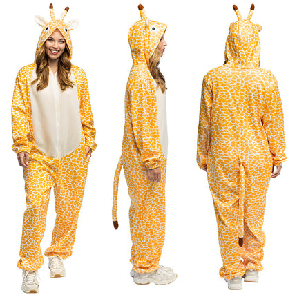 Giraffe jumpsuit van voren, opzij en achteren met lange staart en bruin pluimpje