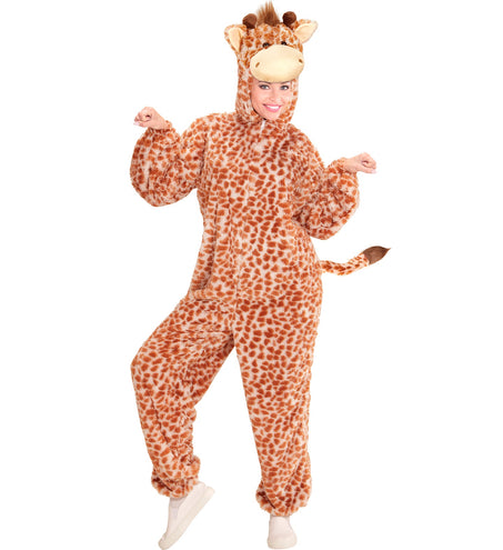 Giraffe onesie Gary op dame, vlekkenpatroon met crèmekleurige snuit en bruine hoorntjes