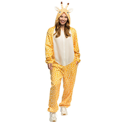 Giraffepak voor dames in geel en crème met hoorntjes op de capuchon, voor een safarifeest