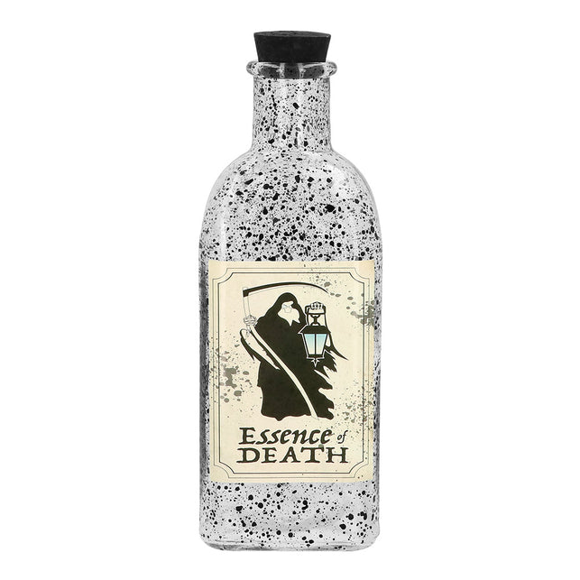 Glazen flesje Essence of death XL met zwart gespikkeld glas en etiket met magere Hein, decoratie voor Halloween