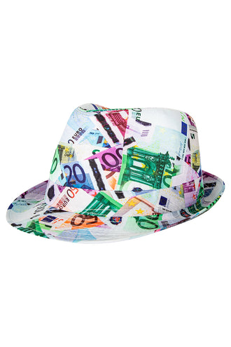 Gleufhoedje met euro print schuin van voren, ingedeukte bol voor een foute party