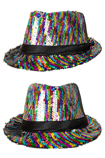 Gleufhoedje met multicolour pailletten en zwarte hoedband, van voren en van de zijkant