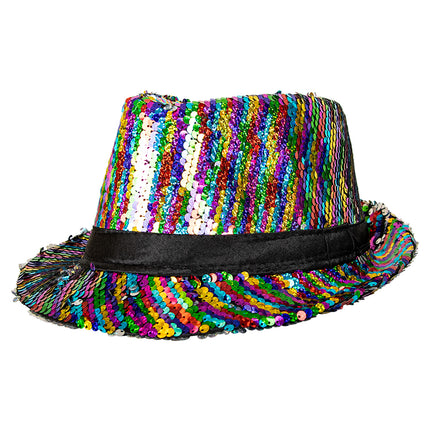 Gleufhoedje pailletten multicolour zijaanzicht met opstaande rand voor een discofeest