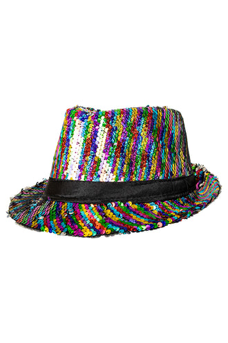 Gleufhoedje pailletten multicolour zijaanzicht met opstaande rand voor een discofeest
