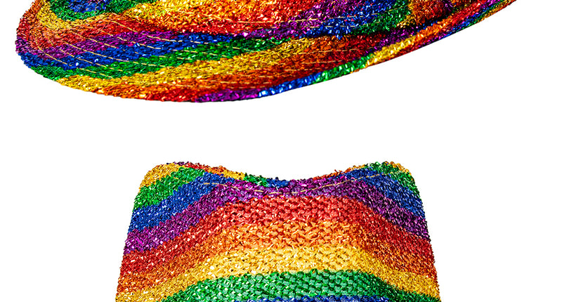 Gleufhoedje regenboog met glinsterende gevlochten banen, zij- en voorkant naast elkaar