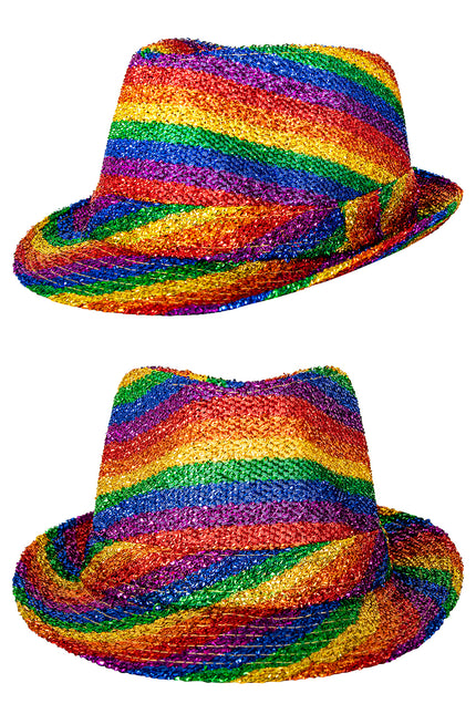 Gleufhoedje regenboog met glinsterende gevlochten banen, zij- en voorkant naast elkaar