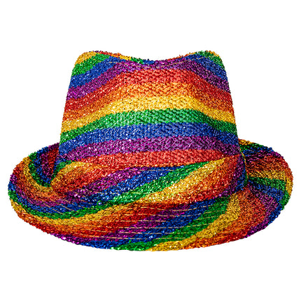 Gleufhoedje regenboog vooraanzicht met gleuf in de bol en kleurige geweven rand