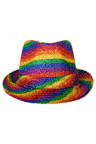 Gleufhoedje regenboog vooraanzicht met gleuf in de bol en kleurige geweven rand