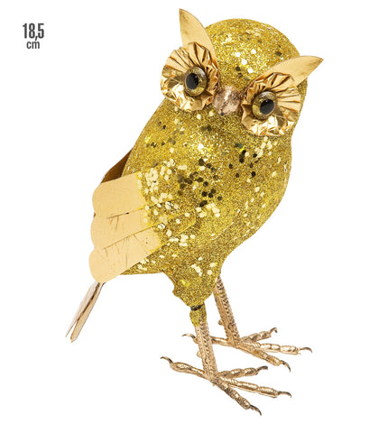Glitter uil goud 18,5cm met geplooide oogranden, spitse oorpluimen en klauwpootjes als tafeldecoratie